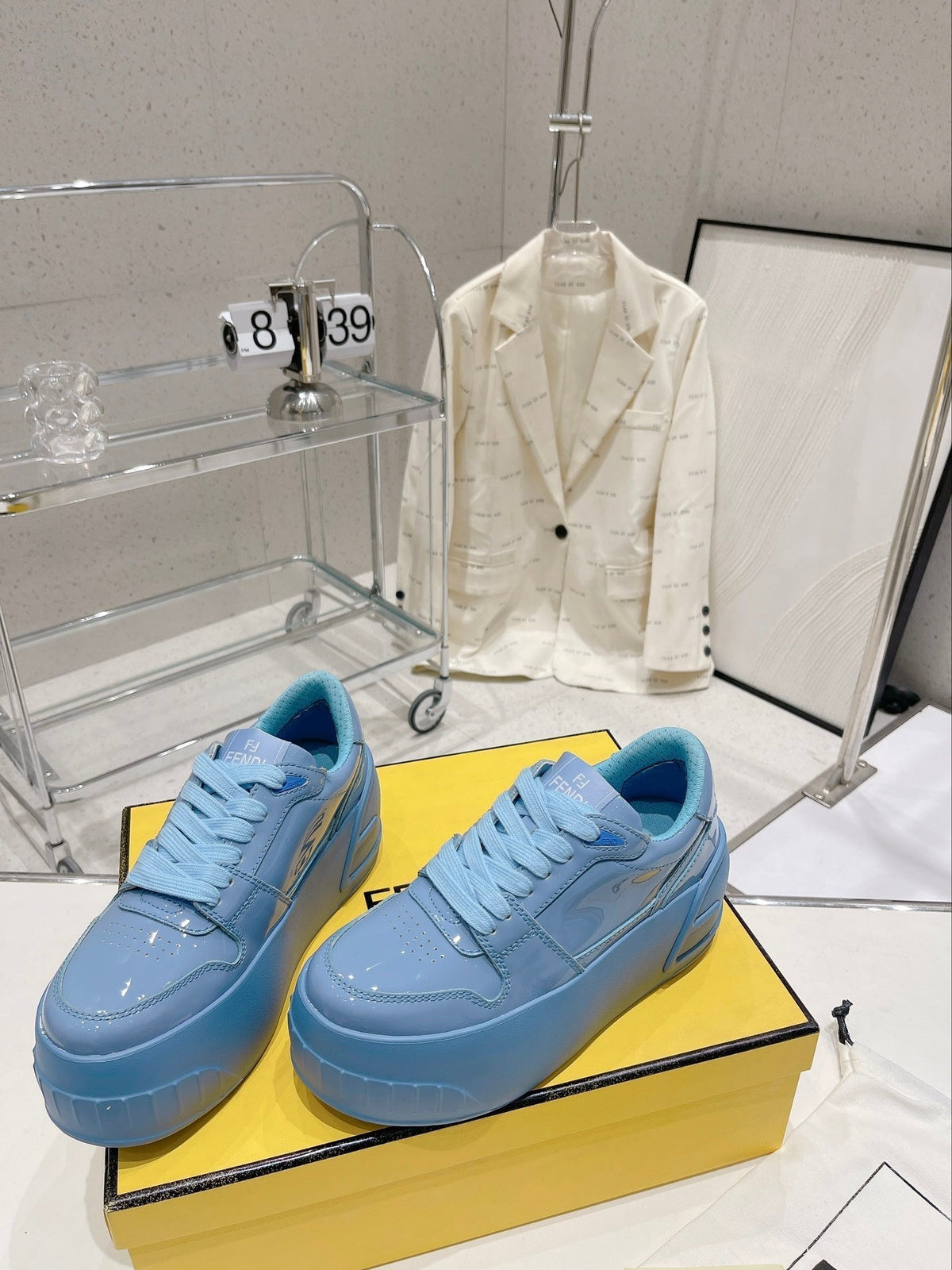 FENDI LOW-TOP TRAINER IN CERULEAN BLUE CALFSKIN