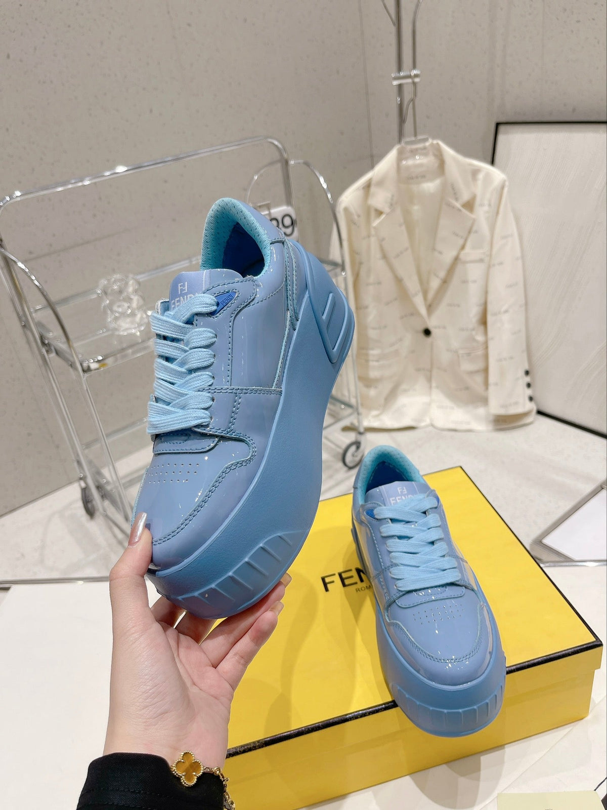 FENDI LOW-TOP TRAINER IN CERULEAN BLUE CALFSKIN