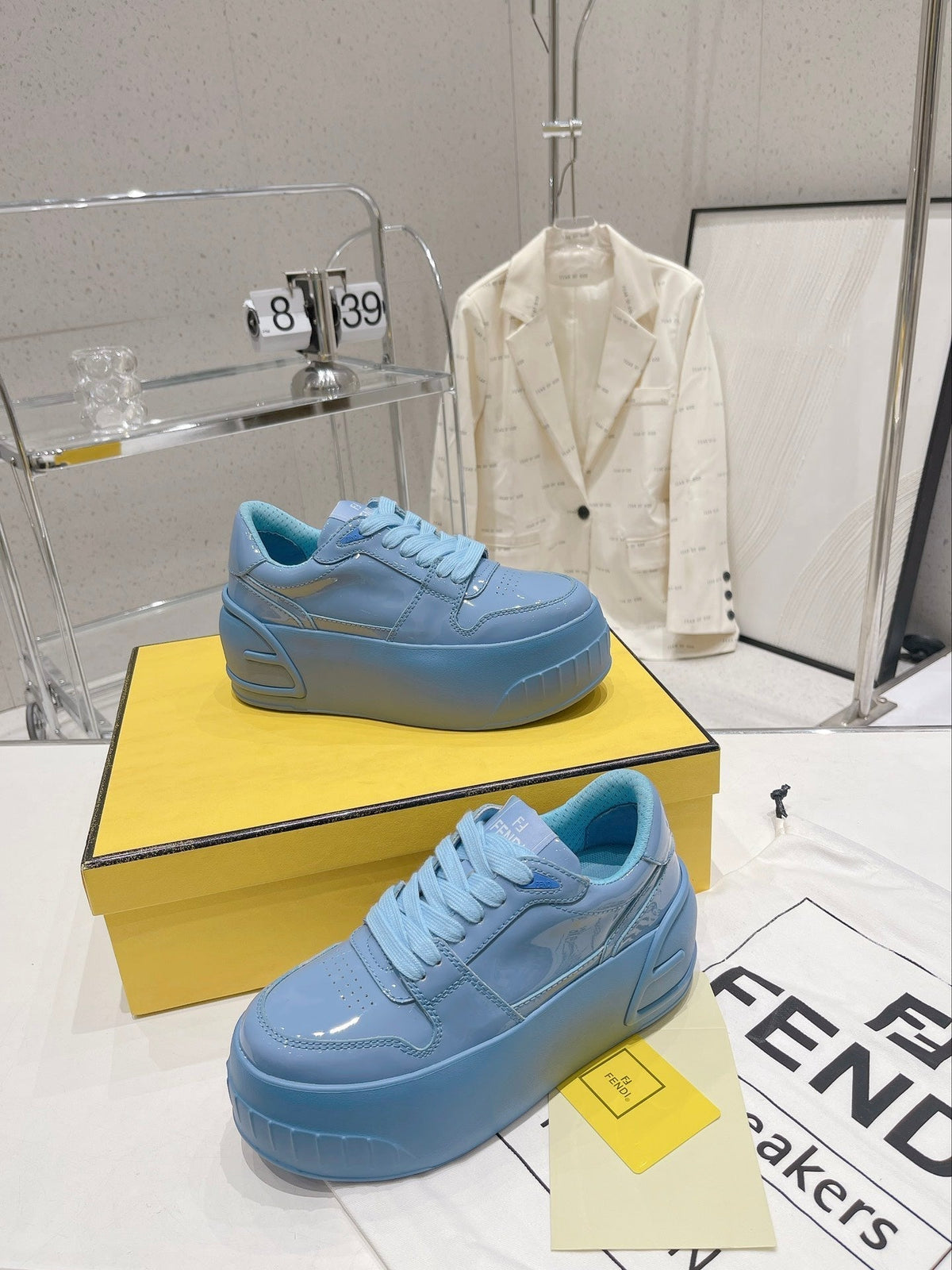 FENDI LOW-TOP TRAINER IN CERULEAN BLUE CALFSKIN