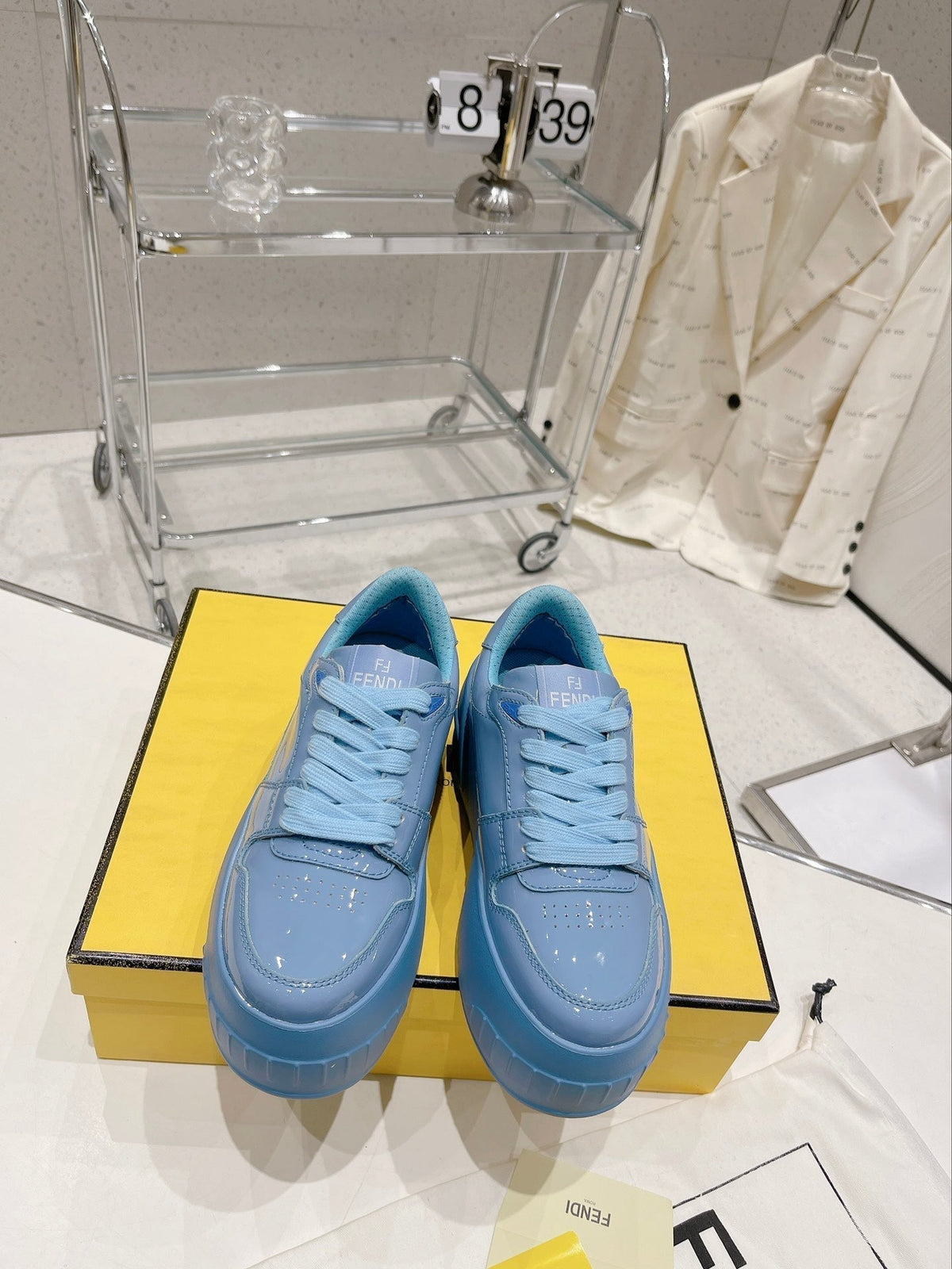 FENDI LOW-TOP TRAINER IN CERULEAN BLUE CALFSKIN