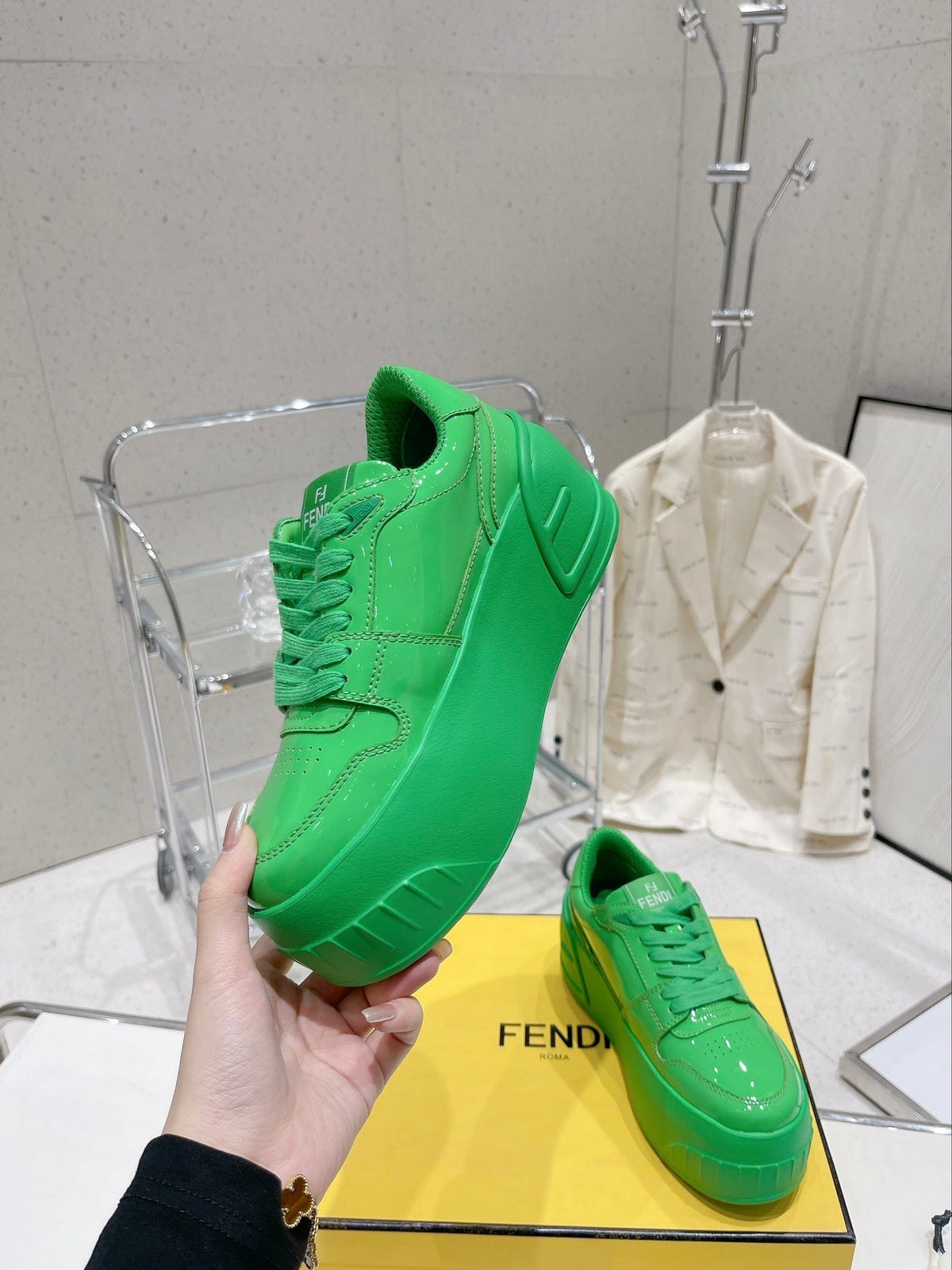 FENDI LOW-TOP TRAINER IN LAWN GREEN CALFSKIN