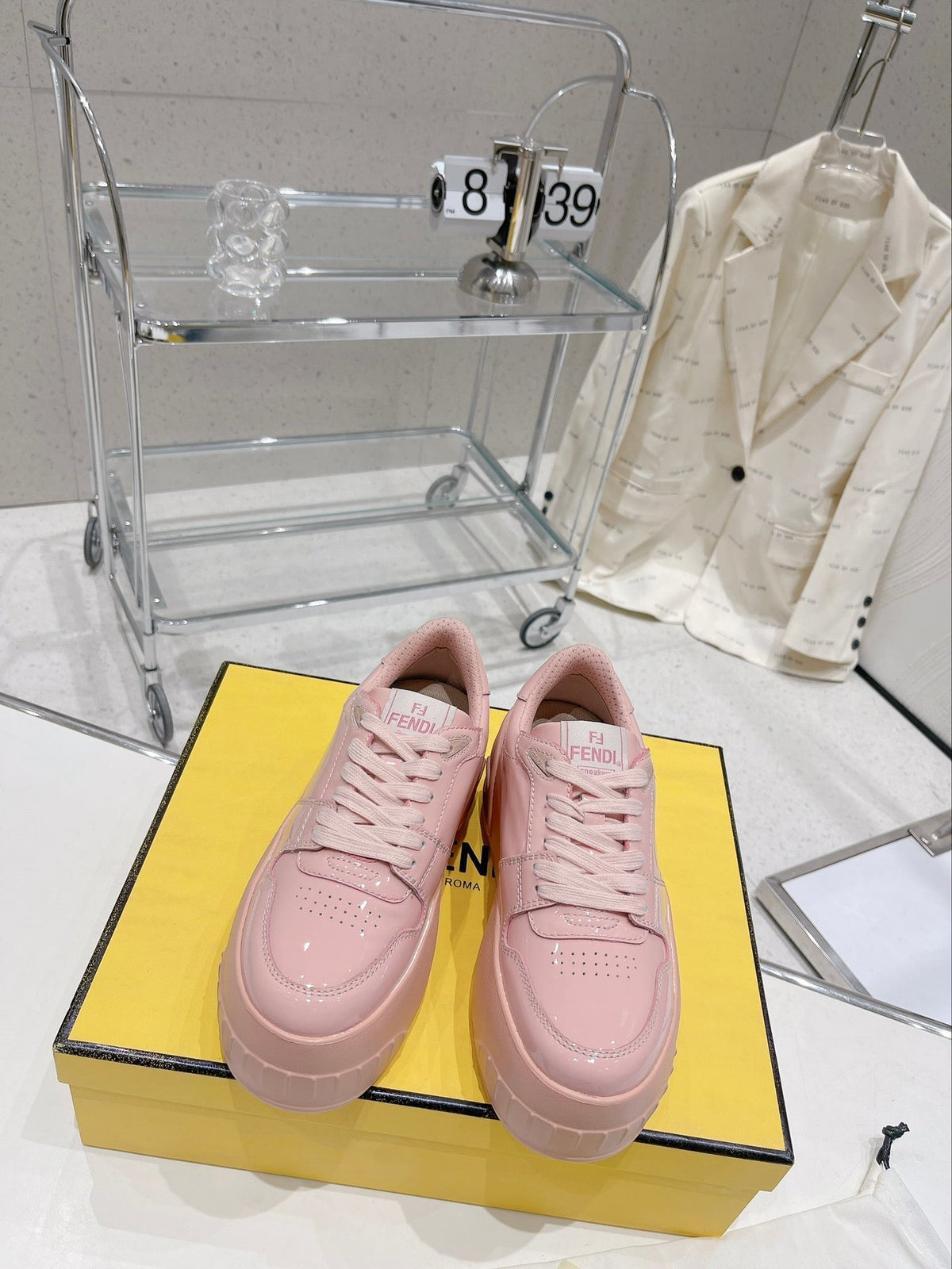 FENDI LOW-TOP TRAINER IN LIGHT PINK CALFSKIN
