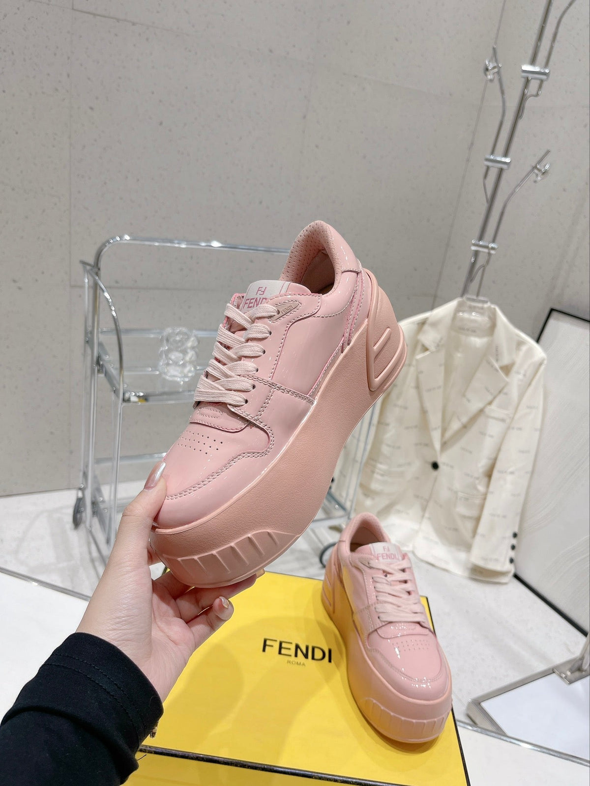 FENDI LOW-TOP TRAINER IN LIGHT PINK CALFSKIN