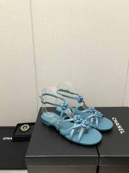 FLORAL FLAT SANDAL IN SAPPHIRE BLUE LAMBSKIN