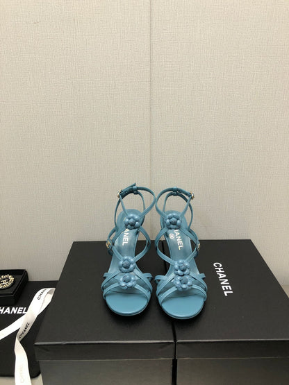 FLORAL HIGH HEEL SANDAL IN SAPPHIRE BLUE LAMBSKIN