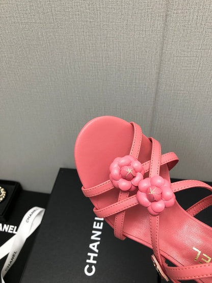 FLORAL HIGH HEEL SANDAL IN DARK PINK LAMBSKIN