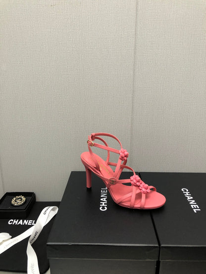 FLORAL HIGH HEEL SANDAL IN DARK PINK LAMBSKIN