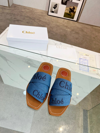 WOODY MULE IN COBALT BLUE DENIM WITH EMBROIDERED LOGO