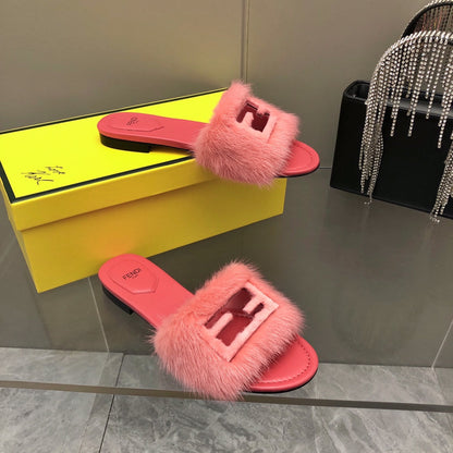 FENDI BAGUETTE MINK SLIDE SLIPPER IN ROSE RED FUR