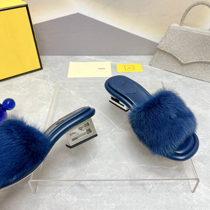 FENDI BAGUETTE MINK MEDIUM-HEELED 45MM IN NAVY BLUE FUR AND LAMBSKIN