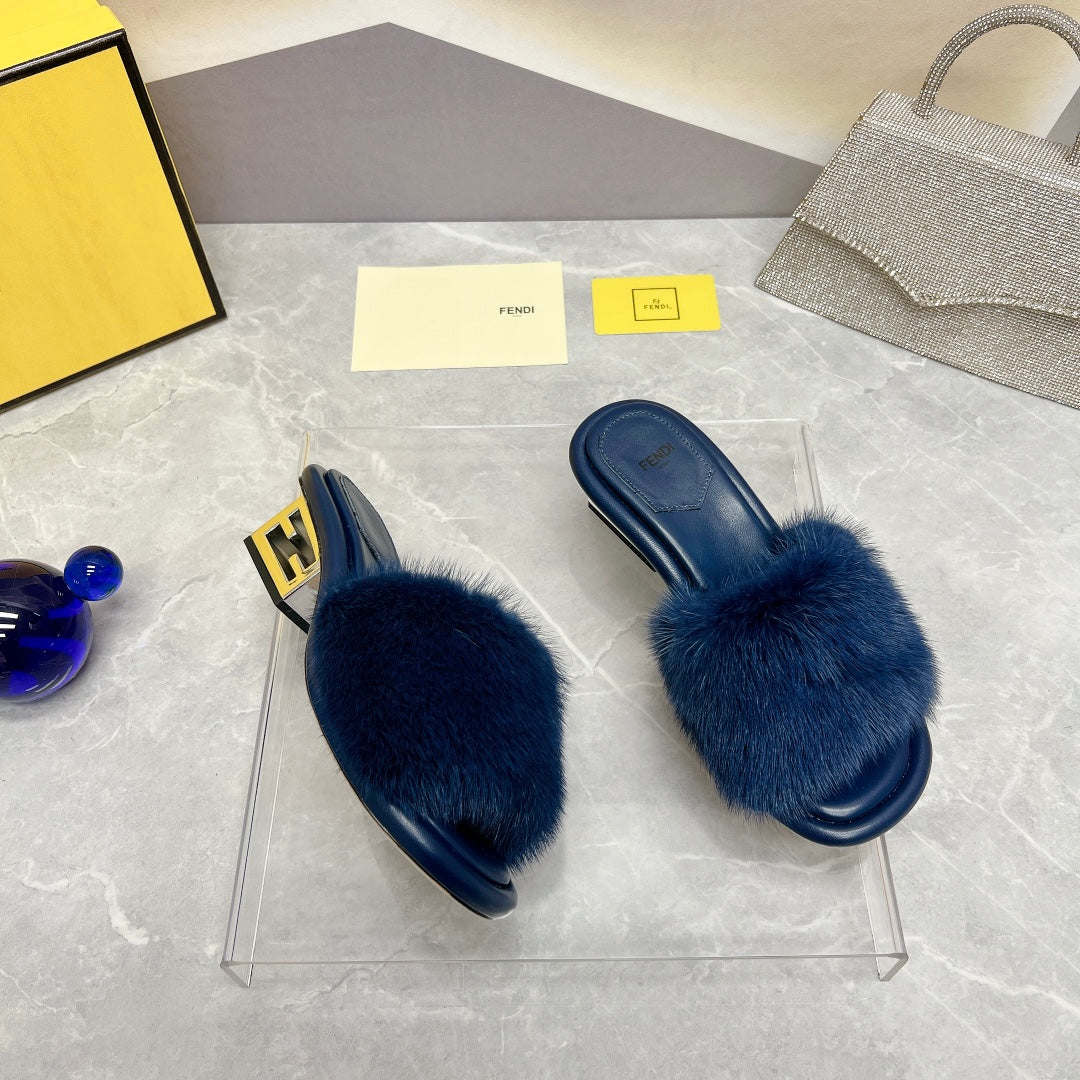 FENDI BAGUETTE MINK MEDIUM-HEELED 45MM IN NAVY BLUE FUR AND LAMBSKIN