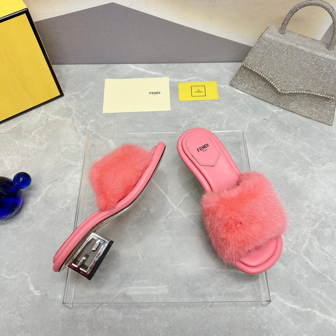 FENDI BAGUETTE MINK MEDIUM-HEELED 45MM IN PUNCH PINK FUR AND LAMBSKIN