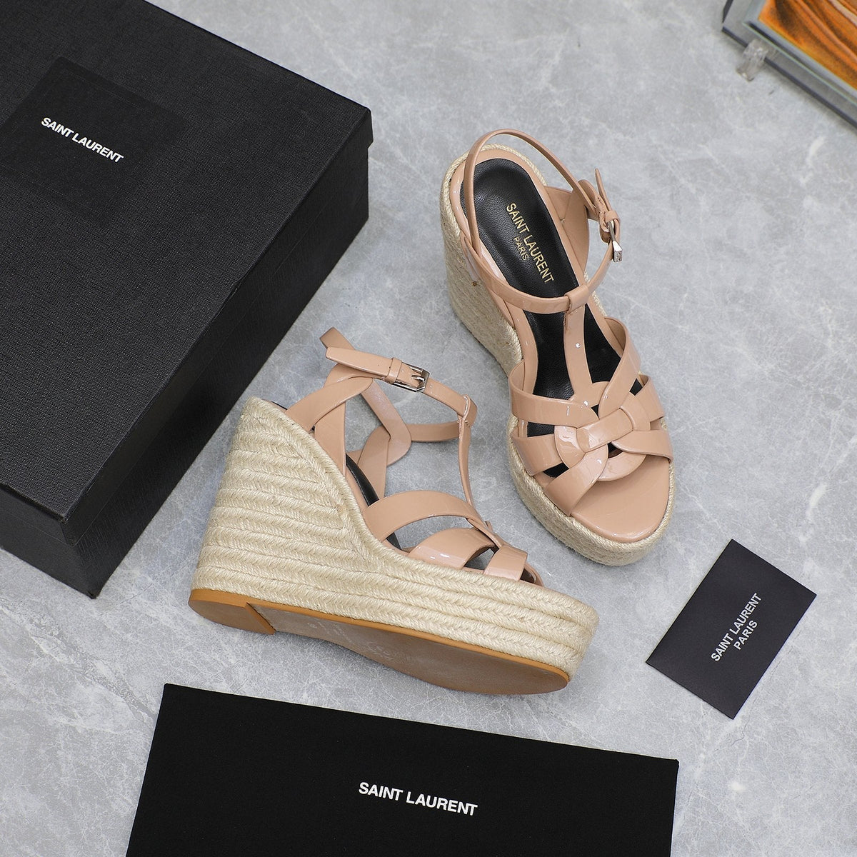 SL TRIBUTE WEDGE SANDALS PINK NUDE POLISHED CALFSKIN