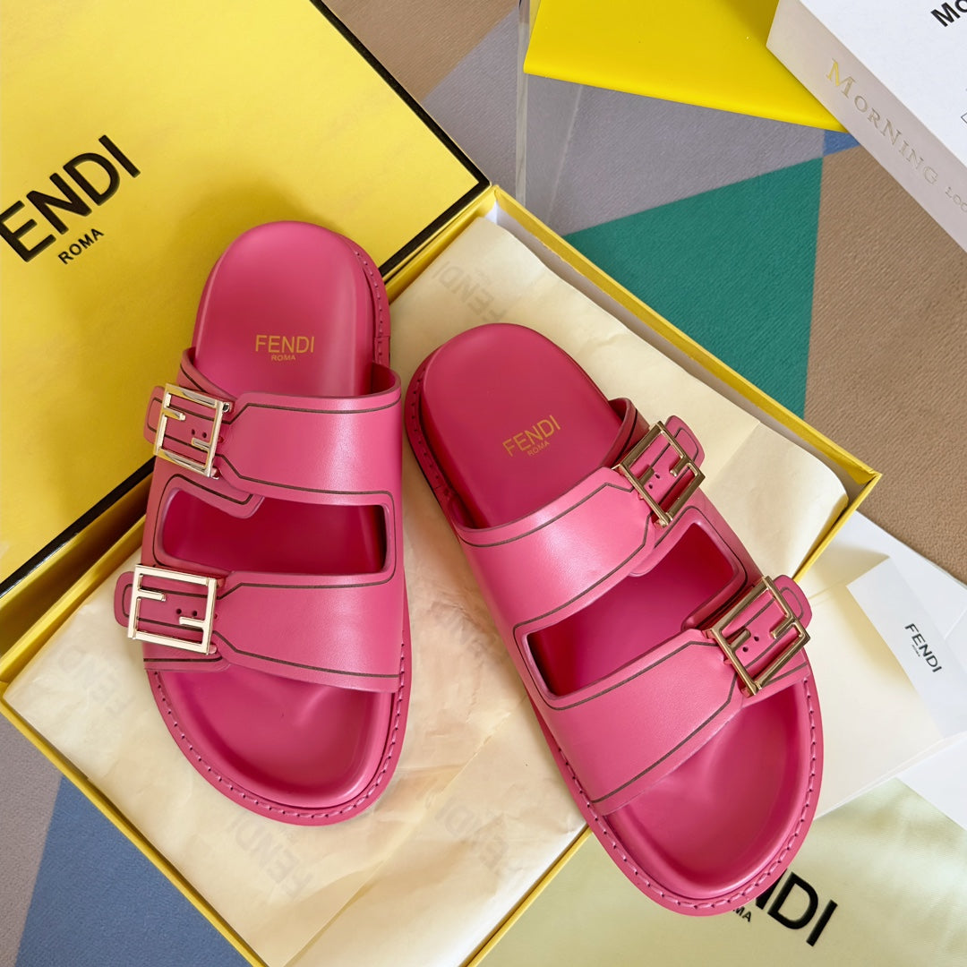 FENDI BAGUETTE DAD SANDALS IN PUNCH PINK CALFSKIN