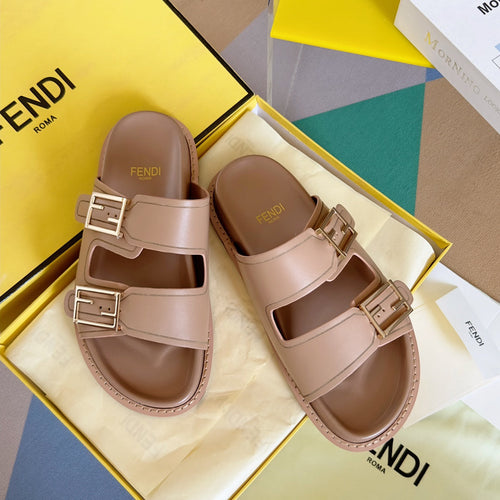 FENDI BAGUETTE DAD SANDALS IN BUFF BROWN CALFSKIN