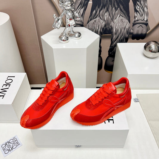 FLOW RUNNER SNEAKER IN RUBY RED SUEDE AND SHEEPSKIN