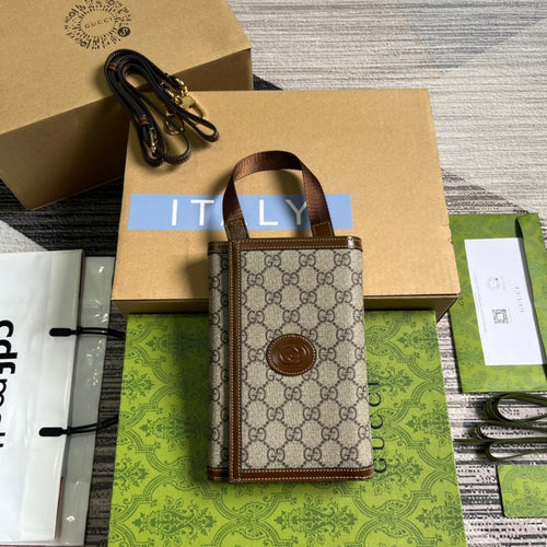 GG CLASP CLUTCH 20 IN BEIGE CANVAS AND BROWN CALFSKIN