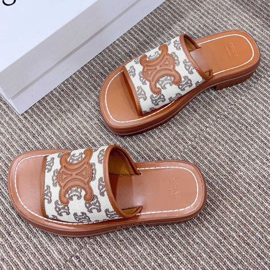 LEA TRIOMPHE PLATFORM SLIDES WOMEN VEGETABLE TANNED CALFSKIN BROWN/WHITE