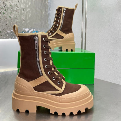 RIBBON BOMBER LACE-UP BOOTS IN RUSSET MIX PEANUT BROWN CANVAS