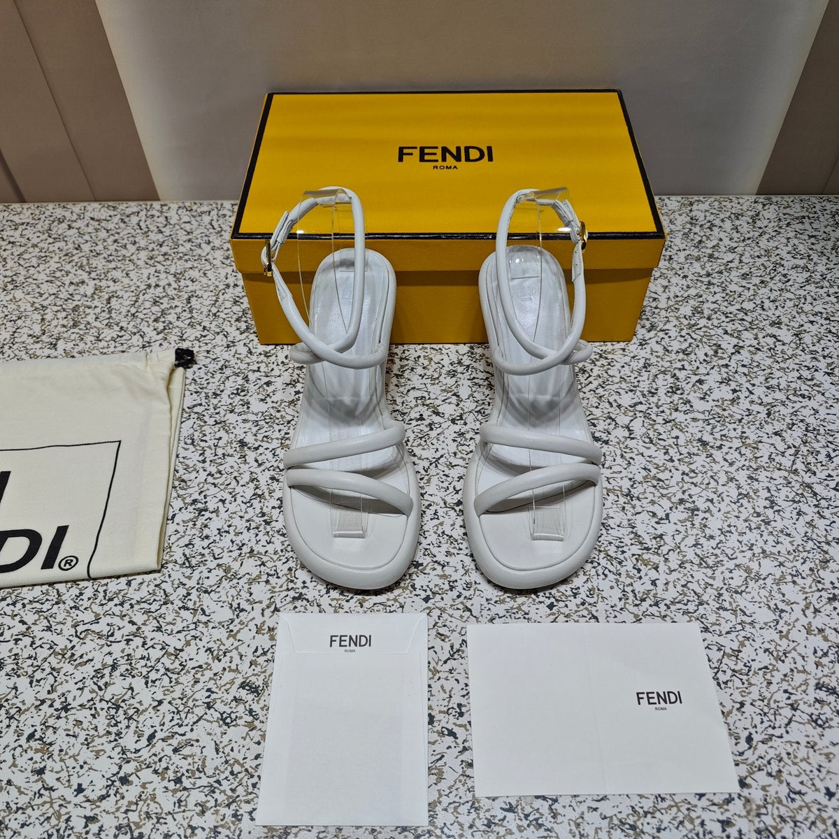 FENDI CHUNKY HIGH-HEELED SANDAL IN WHITE CALFKIN WITH GOLD HARDWARE