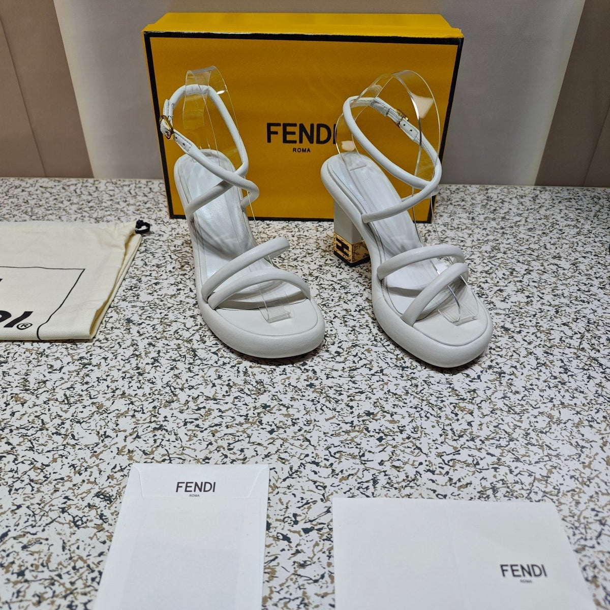FENDI CHUNKY HIGH-HEELED SANDAL IN WHITE CALFKIN WITH GOLD HARDWARE