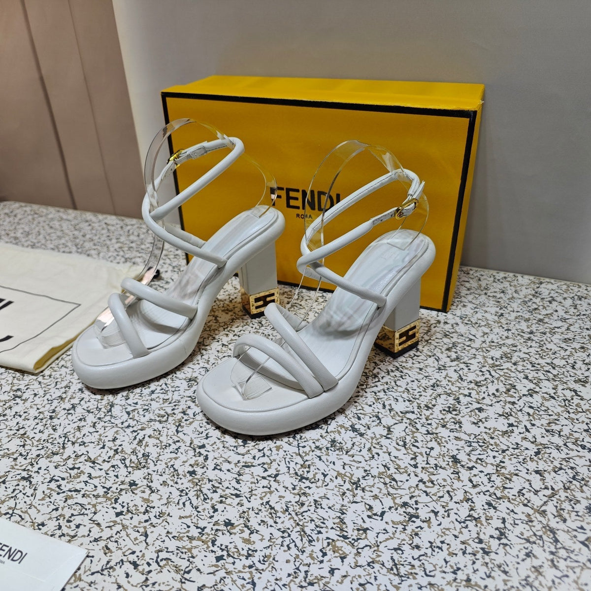 FENDI CHUNKY HIGH-HEELED SANDAL IN WHITE CALFKIN WITH GOLD HARDWARE
