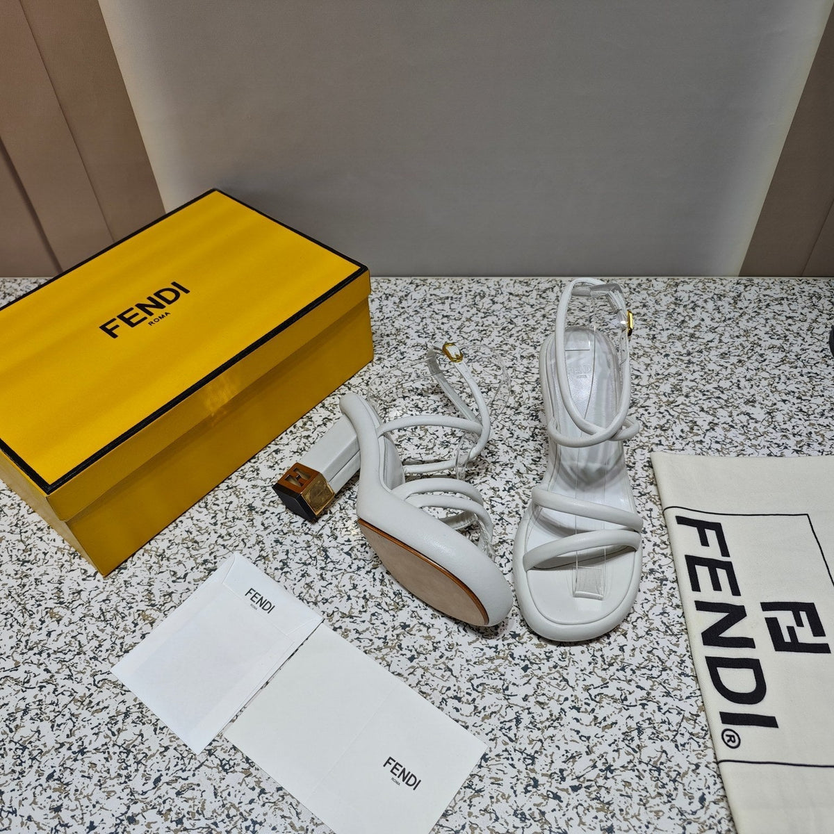 FENDI CHUNKY HIGH-HEELED SANDAL IN WHITE CALFKIN WITH GOLD HARDWARE