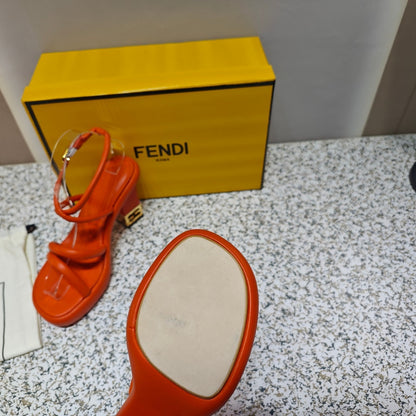 FENDI CHUNKY HIGH-HEELED SANDAL IN ORANGE RED CALFKIN WITH GOLD HARDWARE