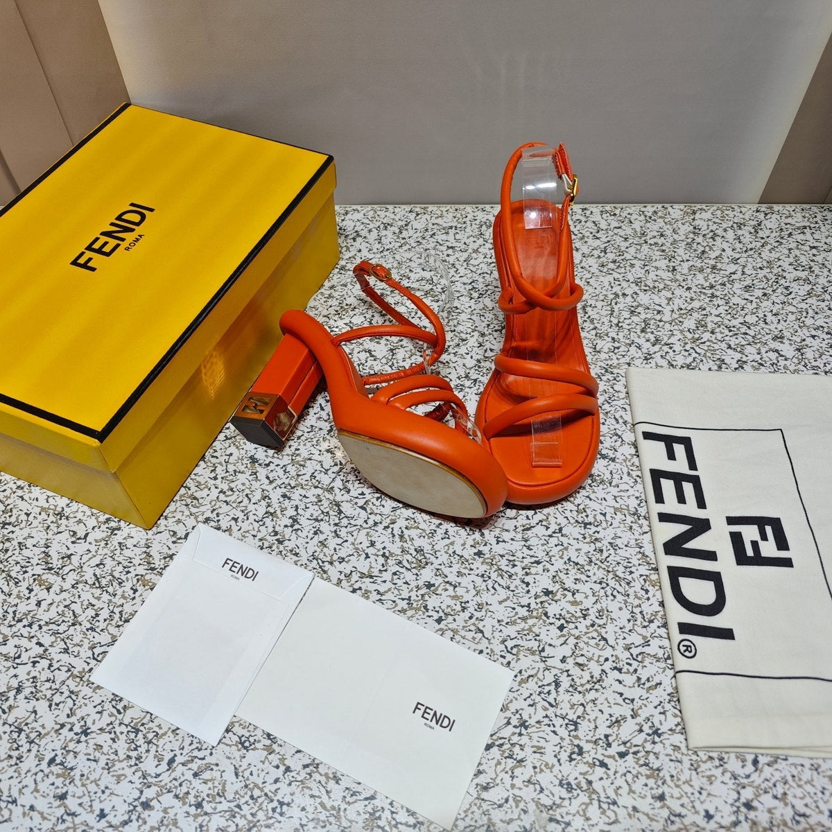 FENDI CHUNKY HIGH-HEELED SANDAL IN ORANGE RED CALFKIN WITH GOLD HARDWARE