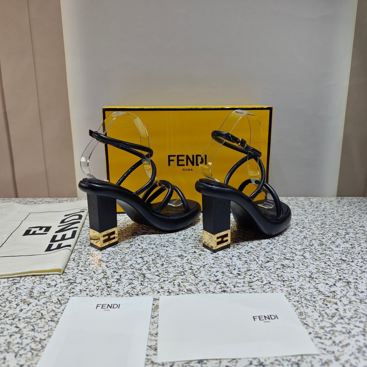 FENDI CHUNKY HIGH-HEELED SANDAL IN BLACK CALFKIN WITH GOLD HARDWARE