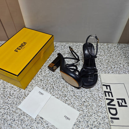FENDI CHUNKY HIGH-HEELED SANDAL IN BLACK CALFKIN WITH GOLD HARDWARE