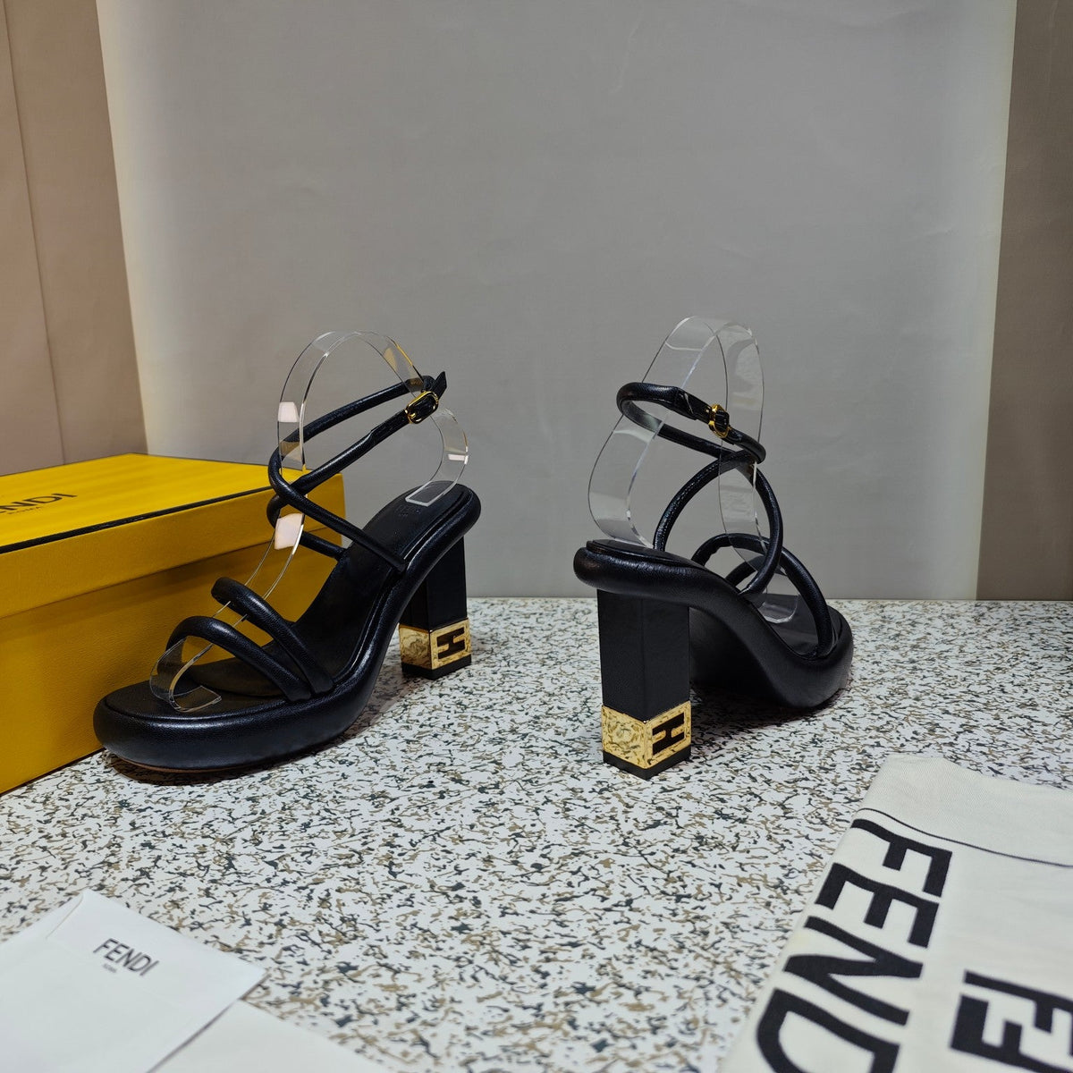 FENDI CHUNKY HIGH-HEELED SANDAL IN BLACK CALFKIN WITH GOLD HARDWARE