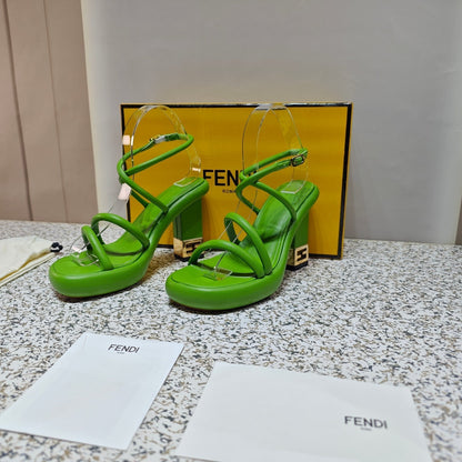 FENDI CHUNKY HIGH-HEELED SANDAL IN SHAMROCK GREEN CALFKIN WITH GOLD HARDWARE