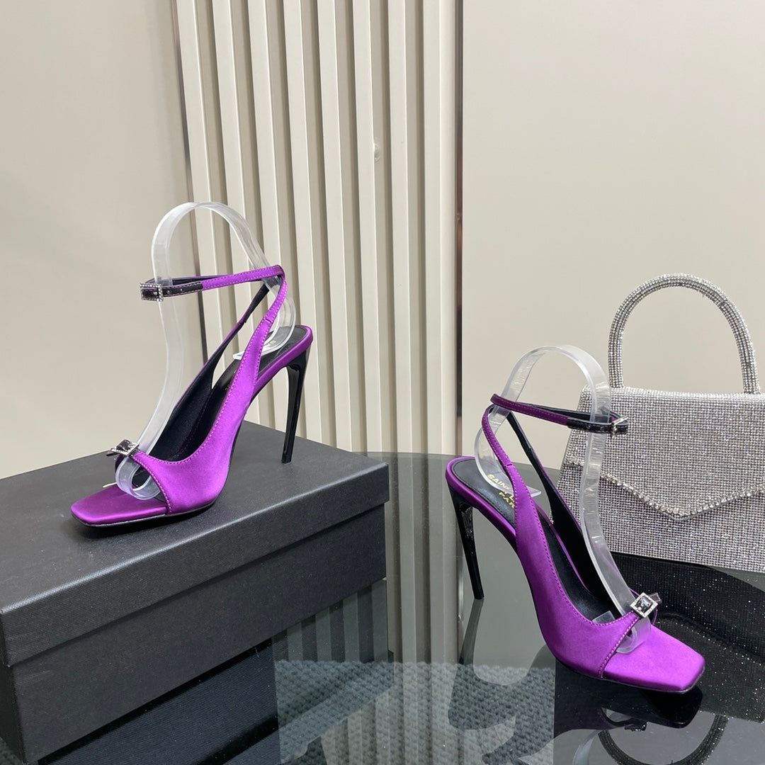 SL BUCKLE STRAP HEELED SANDAL SQUARE PURPLE SILK