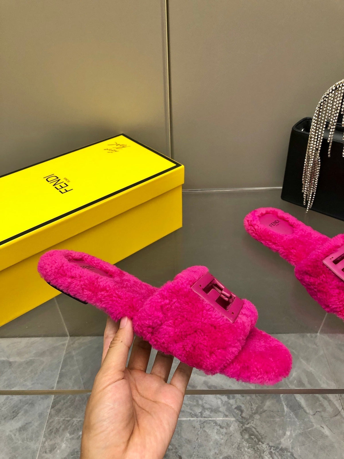 FENDI BAGUETTE SLIDE SLIPPERS IN DEEP PINK WOOL