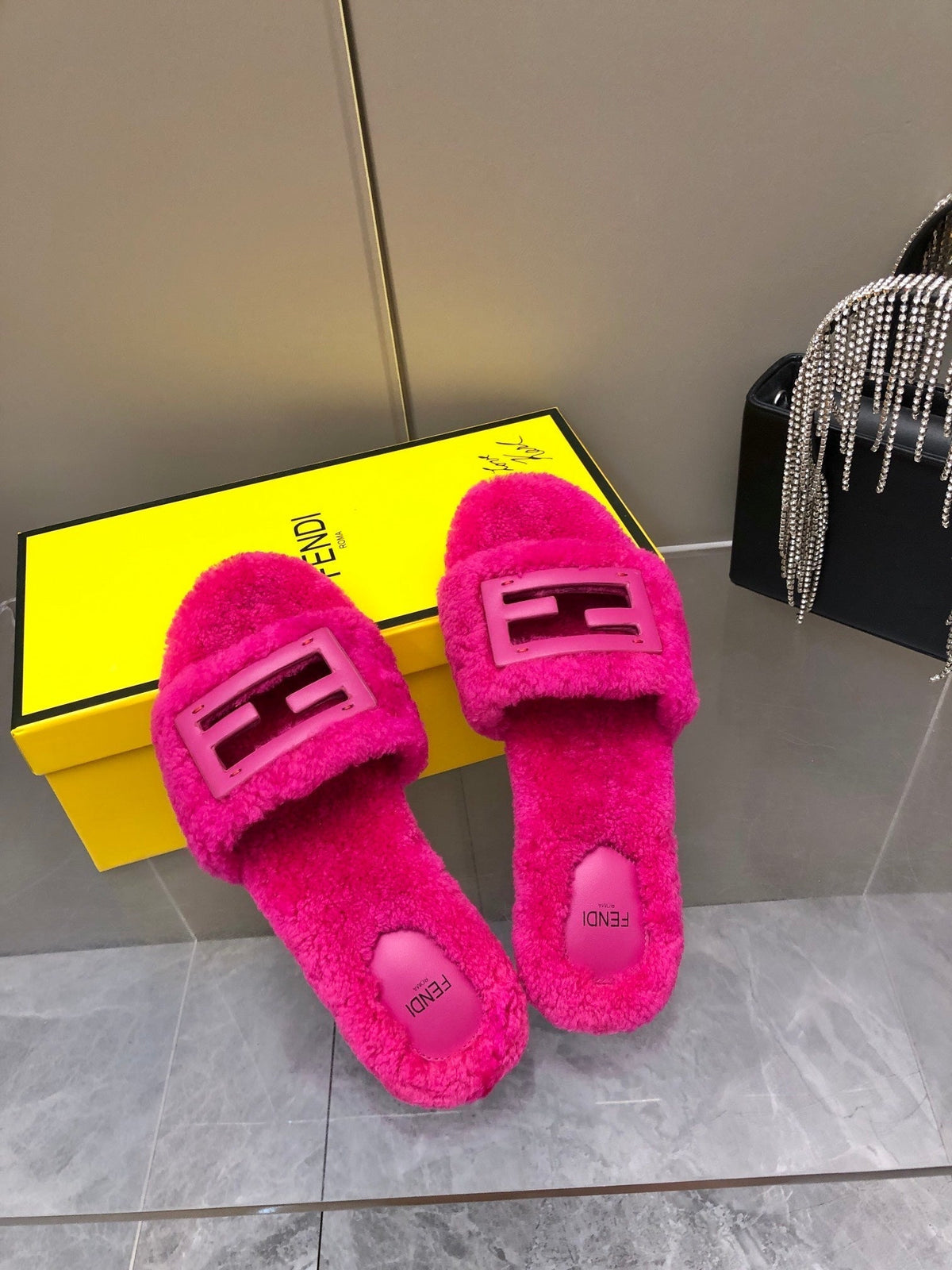 FENDI BAGUETTE SLIDE SLIPPERS IN DEEP PINK WOOL