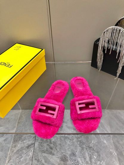FENDI BAGUETTE SLIDE SLIPPERS IN DEEP PINK WOOL