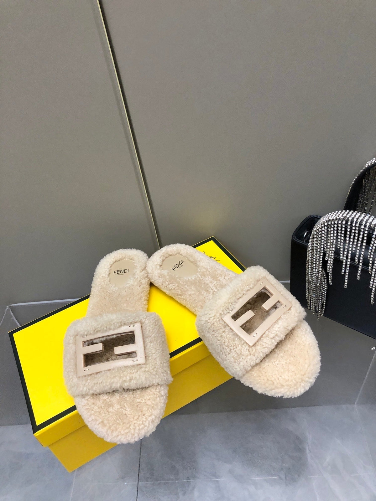 FENDI BAGUETTE SLIDE SLIPPERS IN BEIGE WOOL