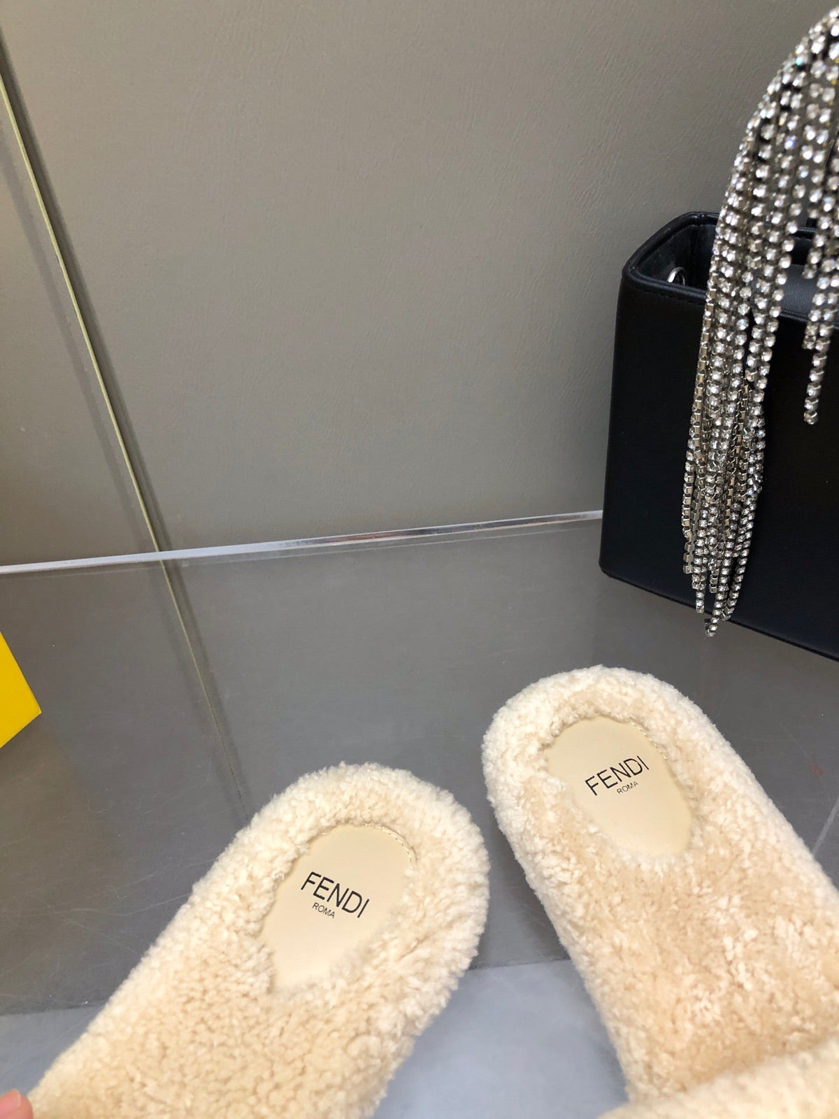 FENDI BAGUETTE SLIDE SLIPPERS IN BEIGE WOOL