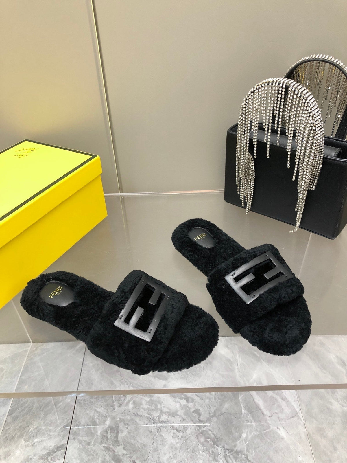 FENDI BAGUETTE SLIDE SLIPPERS IN BLACK WOOL
