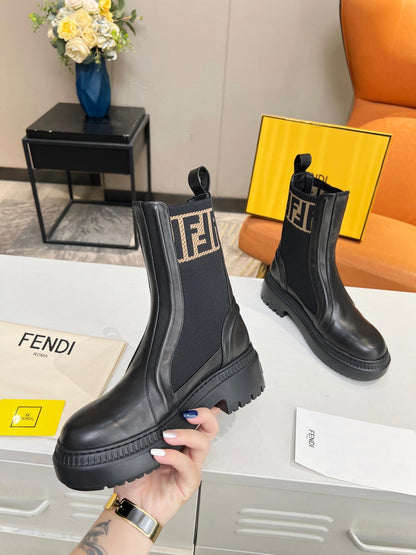 FENDI ROCKOKO BIKER BOOTS IN BLACK CALFSKIN WITH STRETCH FABRIC