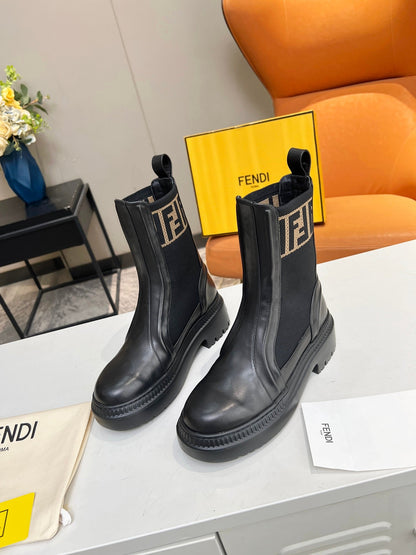 FENDI ROCKOKO BIKER BOOTS IN BLACK CALFSKIN WITH STRETCH FABRIC