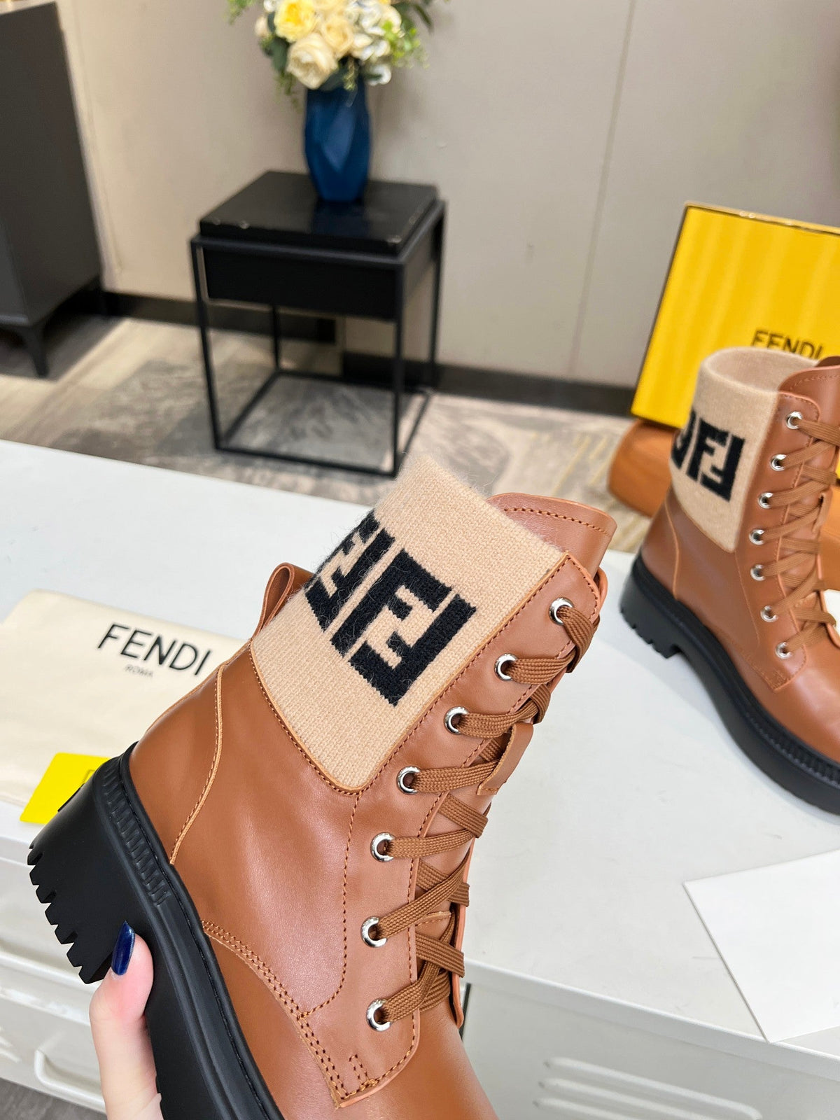 FENDI MARTIN BOOTS IN BRONZE BROWN CALFSKIN AND FUR