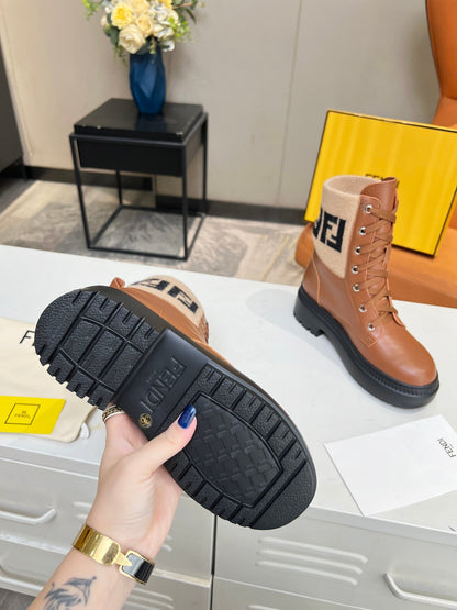 FENDI MARTIN BOOTS IN BRONZE BROWN CALFSKIN AND FUR