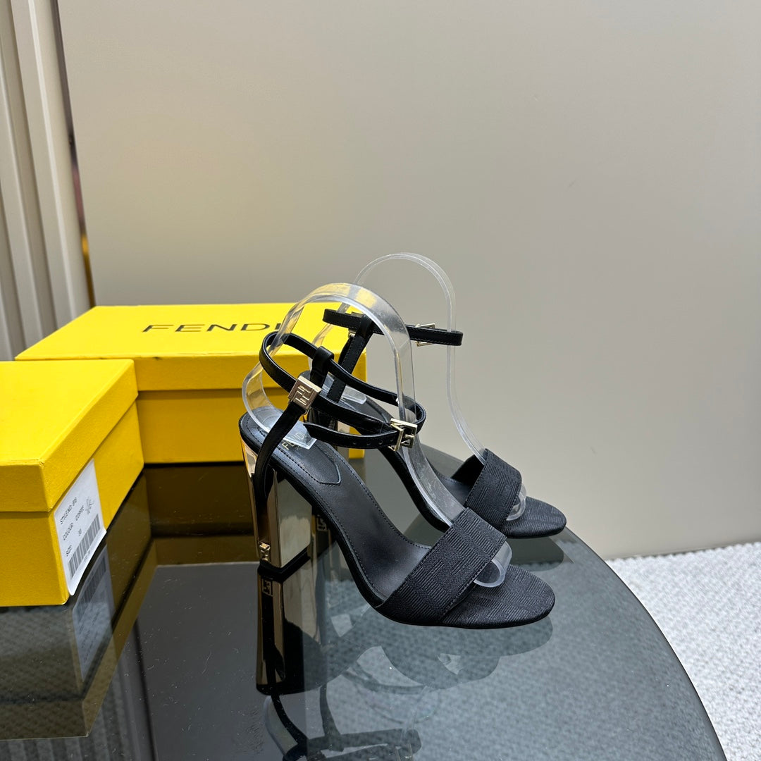 FENDI DELFINA HIGH-HEELED 10 CM SANDAL IN BLACK FF CANVAS