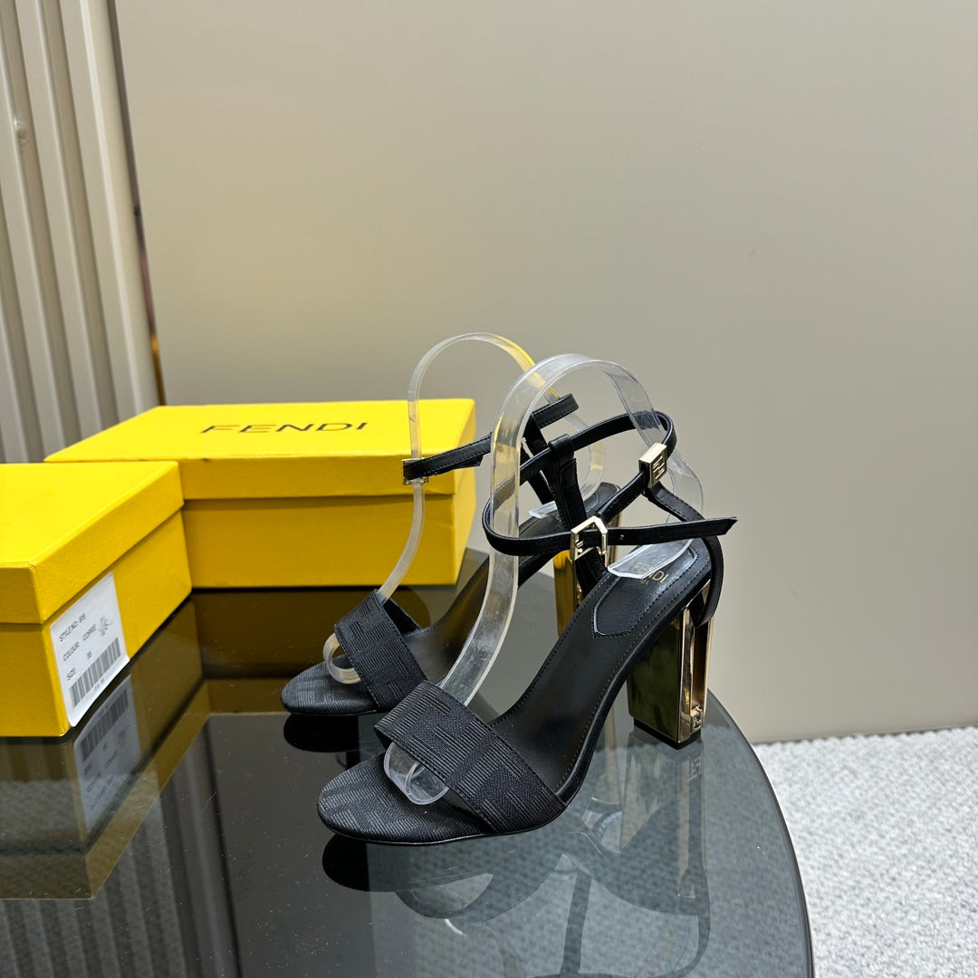 FENDI DELFINA HIGH-HEELED 10 CM SANDAL IN BLACK FF CANVAS