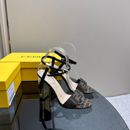 FENDI DELFINA HIGH-HEELED 10 CM SANDAL IN BROWN MONOGRAM FF CANVAS