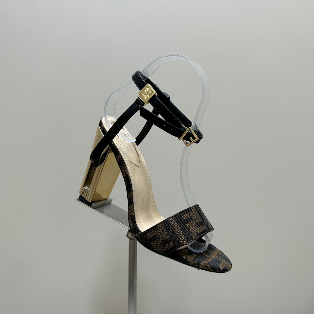 FENDI DELFINA HIGH-HEELED 10 CM SANDAL IN BROWN MONOGRAM FF CANVAS