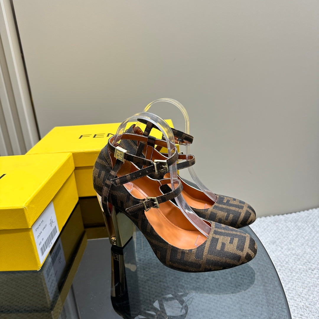 FENDI DELFINA HIGH-HEELED 85 MM SANDAL IN BROWN MONOGRAM FF CANVAS
