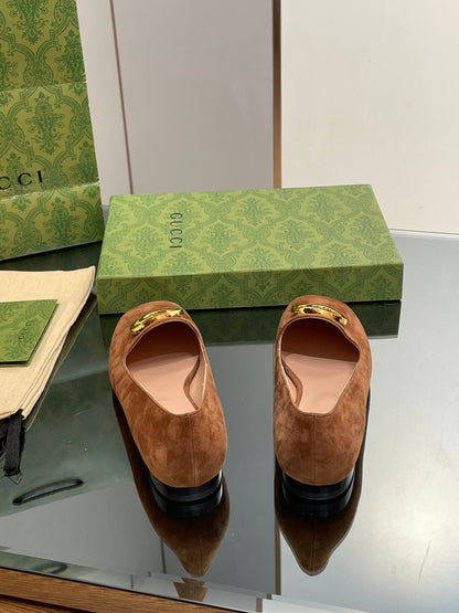 BLONDIE LOGO-PLAQUE LOAFERS IN BRONZE BROWN SUEDE WITH GOLD HARDWARE